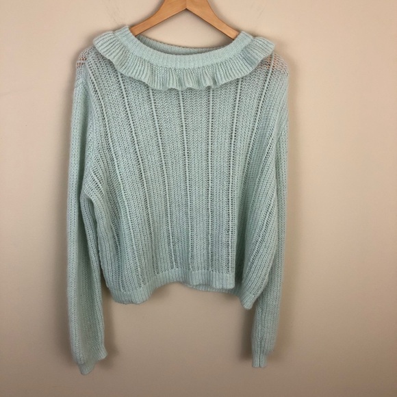 ASOS Sweater Womens 10 Green Open Knit Pullover Ruffles Lightweight - Picture 1 of 10